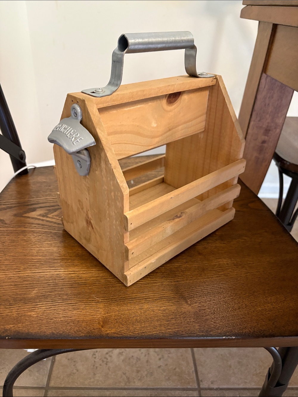 Natural Wood Storage Caddy with Metal Handle and Built-In Bottle Opener
